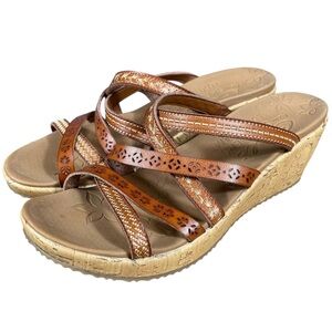 Skechers Beverlee Tiger Posse Women’s Brown Vegan Leather Wedge Sandals Sz 10